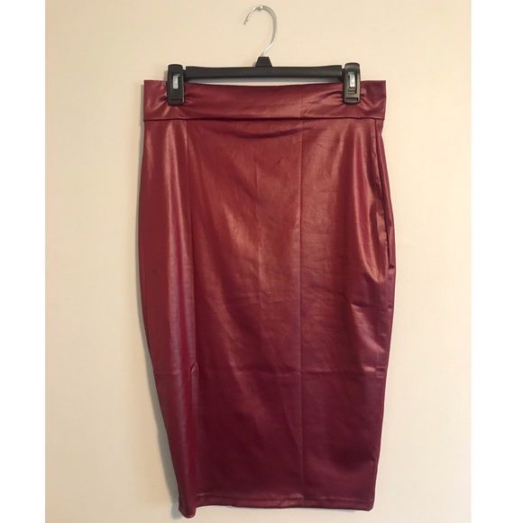 Burgundy Pleather Pencil Skirt - Picture 1 of 6